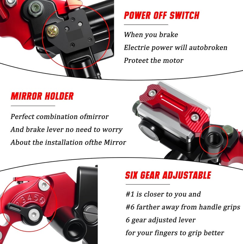 VUOZIP 7/8" 22mm Motorcycle Brake Lever Handlebar Master Cylinder Clutch Levers Left & Right Set + Hand Grips + Handlebar Ends Set for Harley Honda Kawasaki Suzuki Yamaha (Red) - Image 2